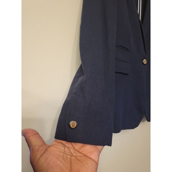 British Khaki Navy Long Sleeve Line & Cotton Blazer Women Size Medium Career - Picture 7 of 10